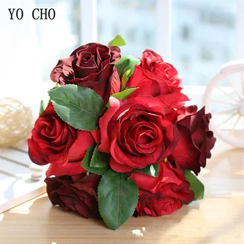 YO CHO Crvene Umjetne Ruže, Buket Cvijeća, Kućne Dekorativne Lažni Cvijeće za Vjenčanje, Valentinovo, Oprema, Vrtni Ukras, Flores