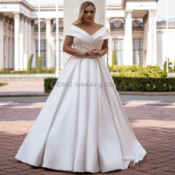 Plus Size vjenčanicu 2022 S Otvorenim Ramenima V Izrez u Obliku Атласное vjenčanice za Mladenke Loptu Haljina je Bijela s Otvorenim Leđima Elegantan Vestido de Novia
