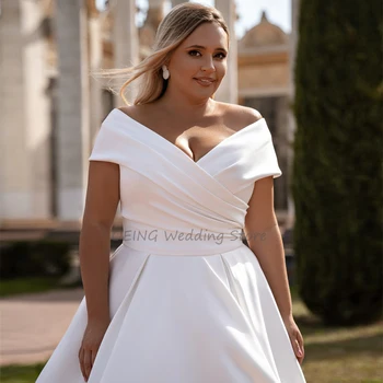 Plus Size vjenčanicu 2022 S Otvorenim Ramenima V Izrez u Obliku Атласное vjenčanice za Mladenke Loptu Haljina je Bijela s Otvorenim Leđima Elegantan Vestido de Novia 2