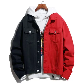 Jesensko-zimska muška traper jakna, moderan svakodnevni dvije boje linija, crna/crvena, crno/plava crna/bijela traper jakna