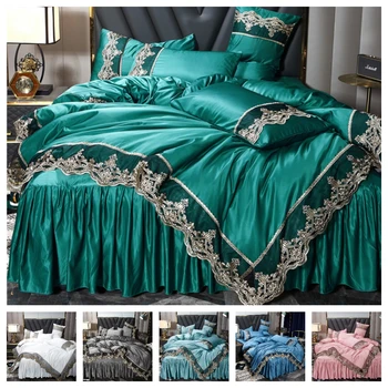 Luksuzna cvjetne čipke Krevet Suknja Dizajn 3 ili 4 kom. Setove posteljine King i Queen Size Vjenčanje Жаккардовый Deka, Posteljina, Zavjese Tekstila za domaćinstvo