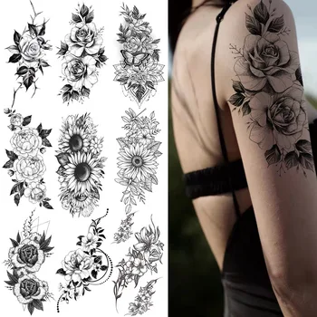 Seksi Crni cvijet privremeni tattoo naljepnice Vodootporne Privremena Tetovaža Za Tijelo, Ruke, Noge, Tetovaža od Kane, Funky Velika Lažna Oznaka Za Rukav