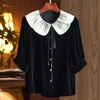 Ženska Crna Košulja Od Prirodne Svile I Baršuna, Elegantnim Vintage Košulje, Bluze Za Žene, Ovratnik 