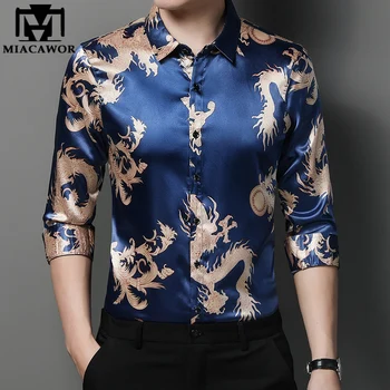Nova Moda Luksuzne Muške Košulje Kineski Zmaj Ispis Svilene Casual Košulja Slim Fit Proljeće Dugi Rukav Camisa Masculina C815