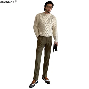 Jesen muški Džemper-Pulover u retro stilu sa Debelom linijom, Mekan i Udoban Poslovni Casual Džemper, Debeli Topli Bež Muški Pulover
