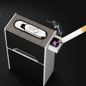 USB Dvostruki: Arc Plazma Upaljač Automatski cigaru slučaj 20 cigaru slučaj otporna na vlagu Metalni cigaru slučaj Naprava Muški Dar